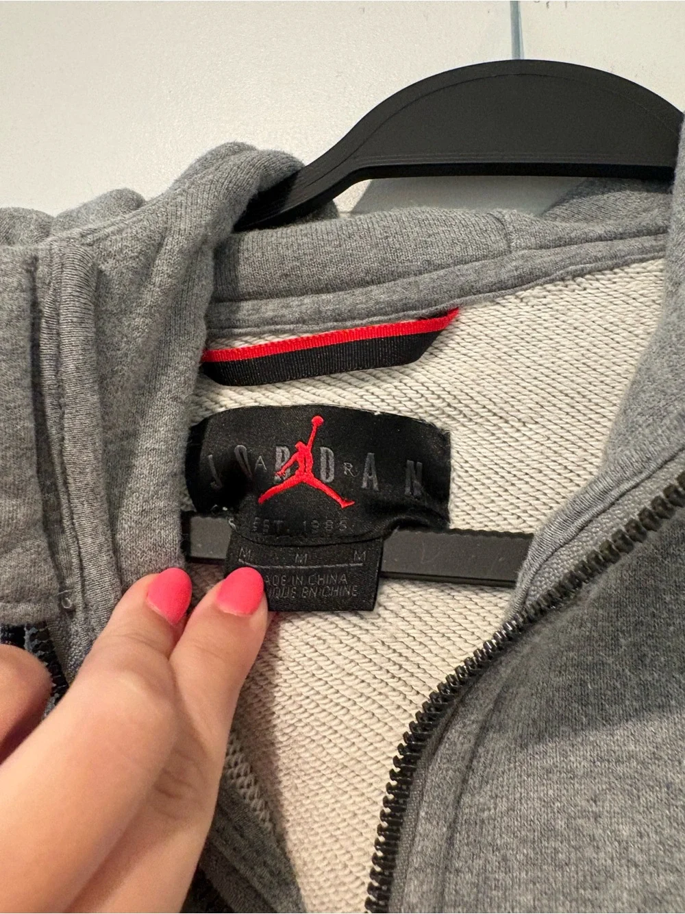 Jordan Gray Full-Zip Hooded Sweatshirt with Red Jumpman Patch